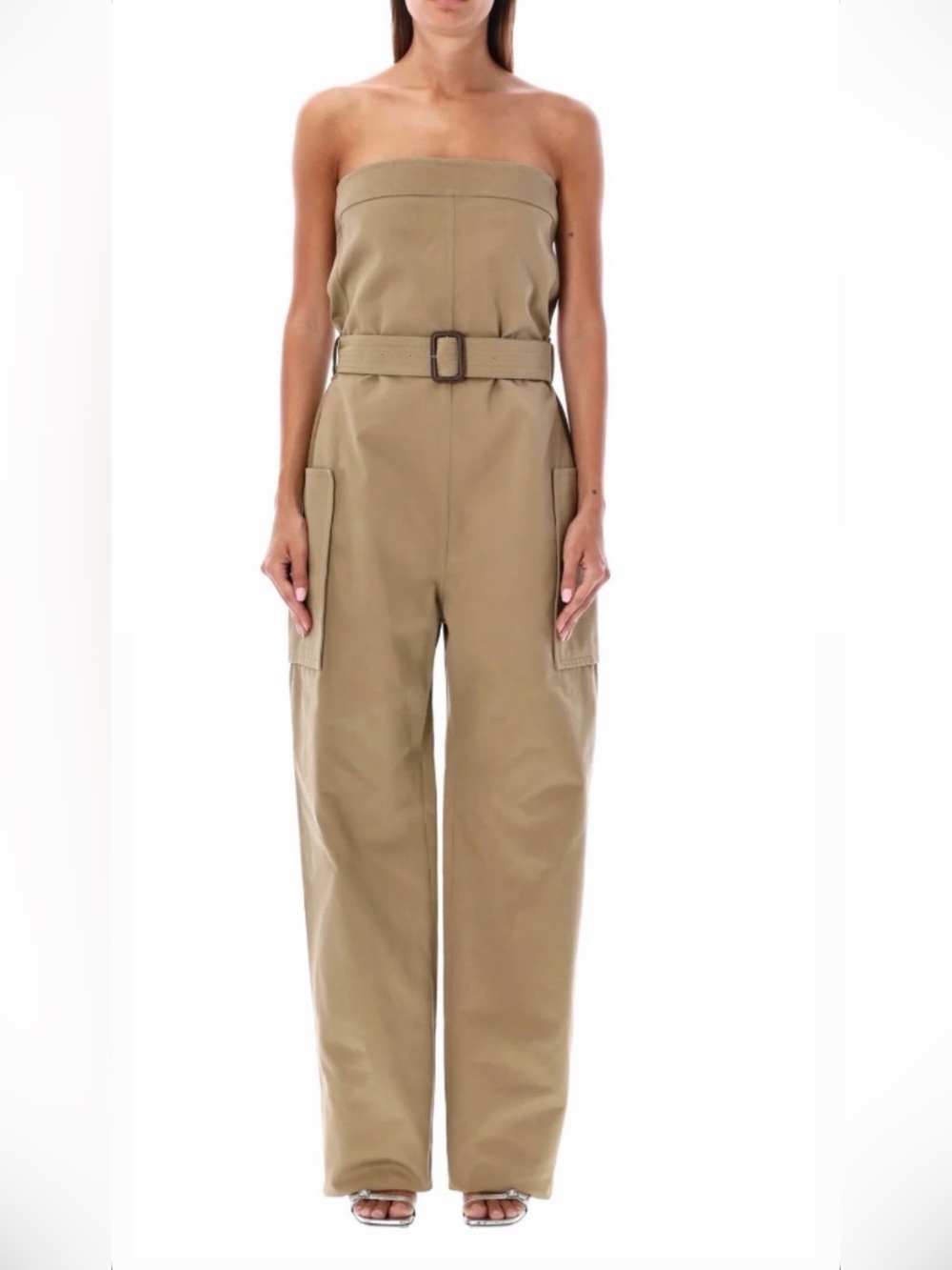 Saint Laurent Strapless Cargo Jumpsuit in Khaki